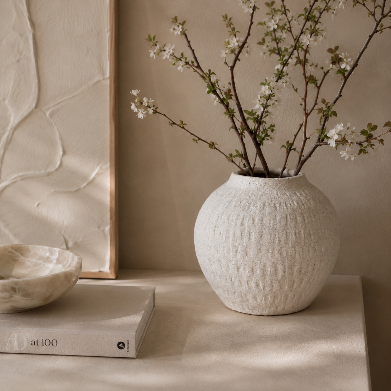 Immie White Stone Textured Round Vase