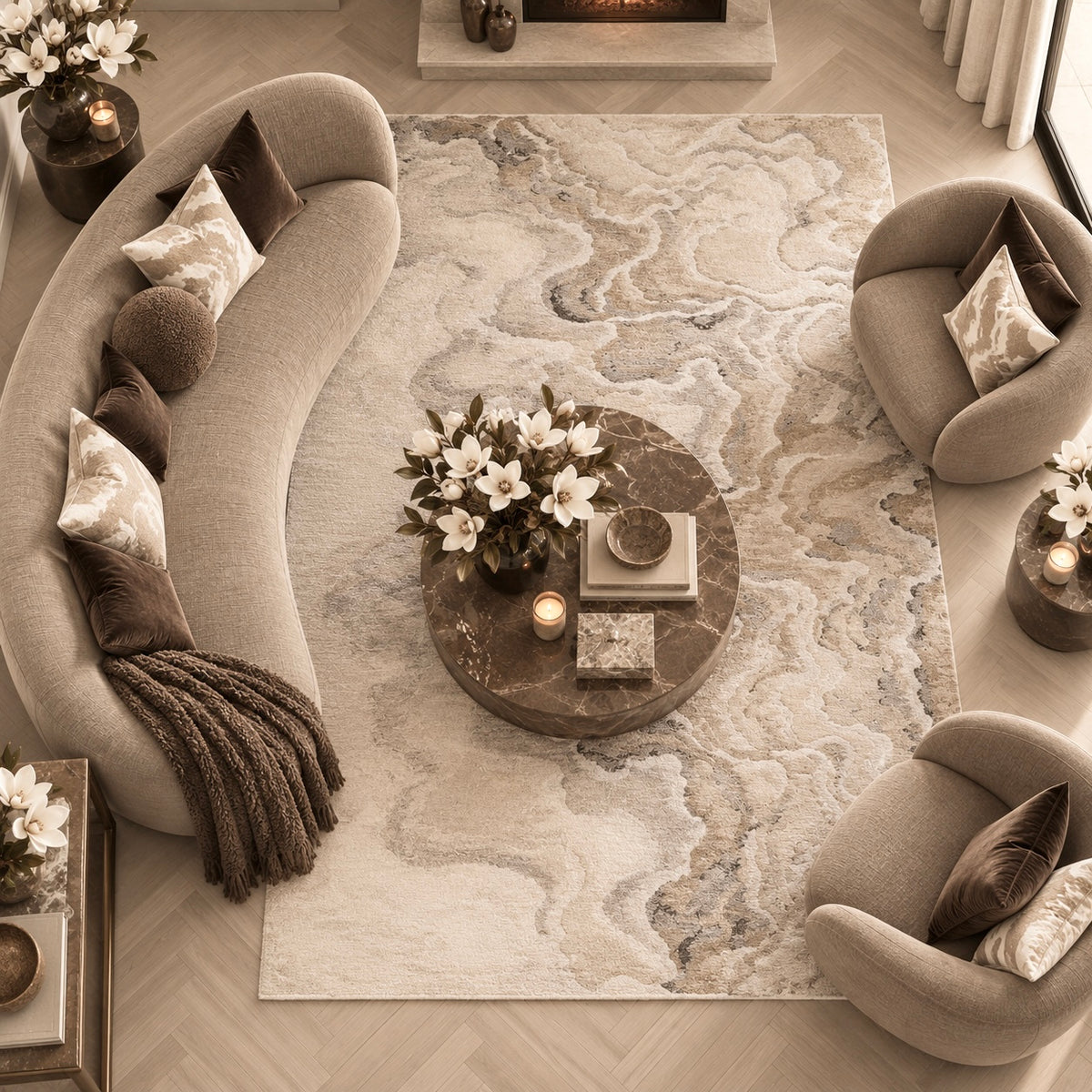 Casablanca Neutral Luxury Metallic Marble Effect Rug
