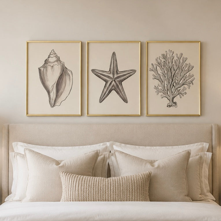 Solstice Coastal Canvas Wall Art with Gold Frame - Set of 3