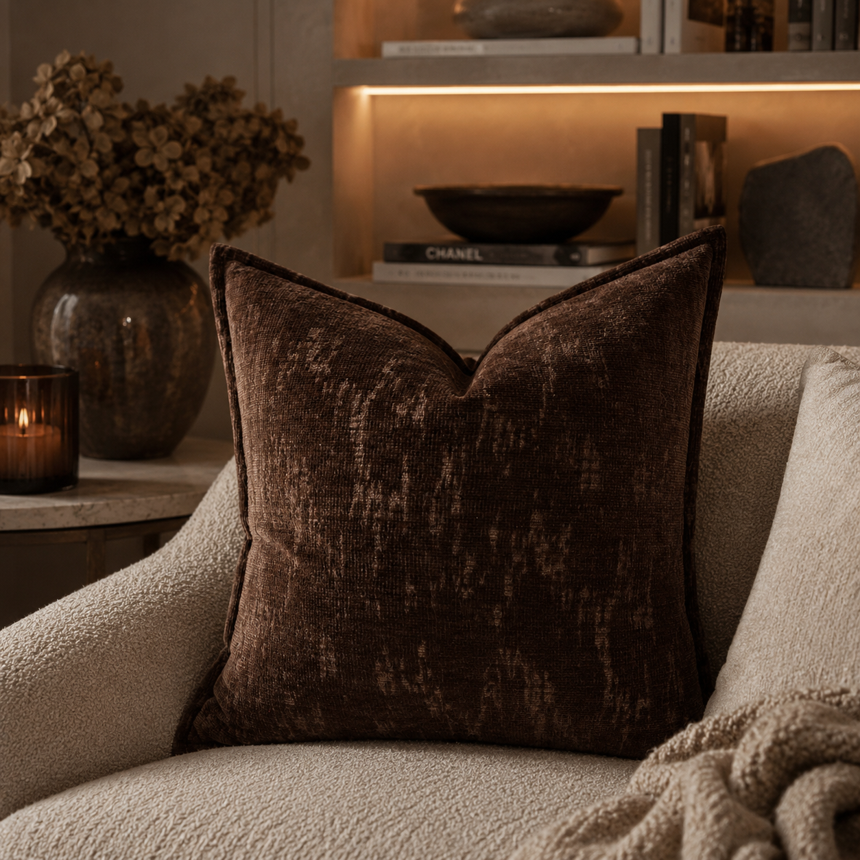 Katy Chocolate Brown Chenille Patterned Feather Filled Cushion - 45x45cm