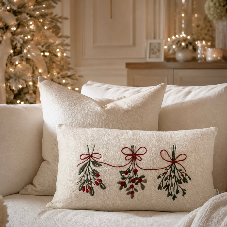 Cream, Green & Red Mistletoe Bolster Cushion - 50 x 30cm