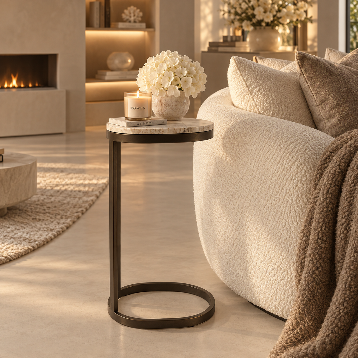 Evan Rounded Marble Top Bronze Side Table