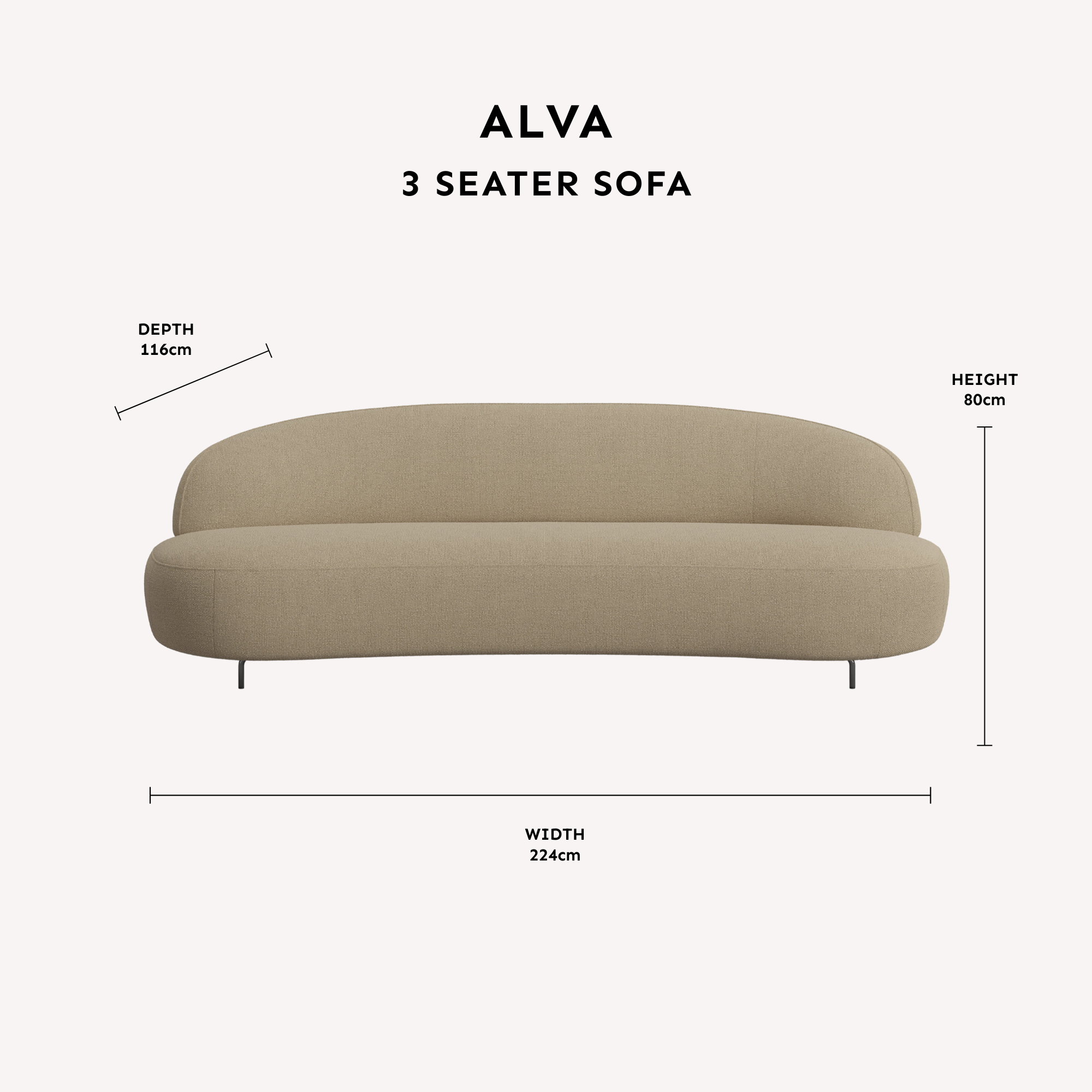 Alva Taupe 3 Seater Sofa dimensions