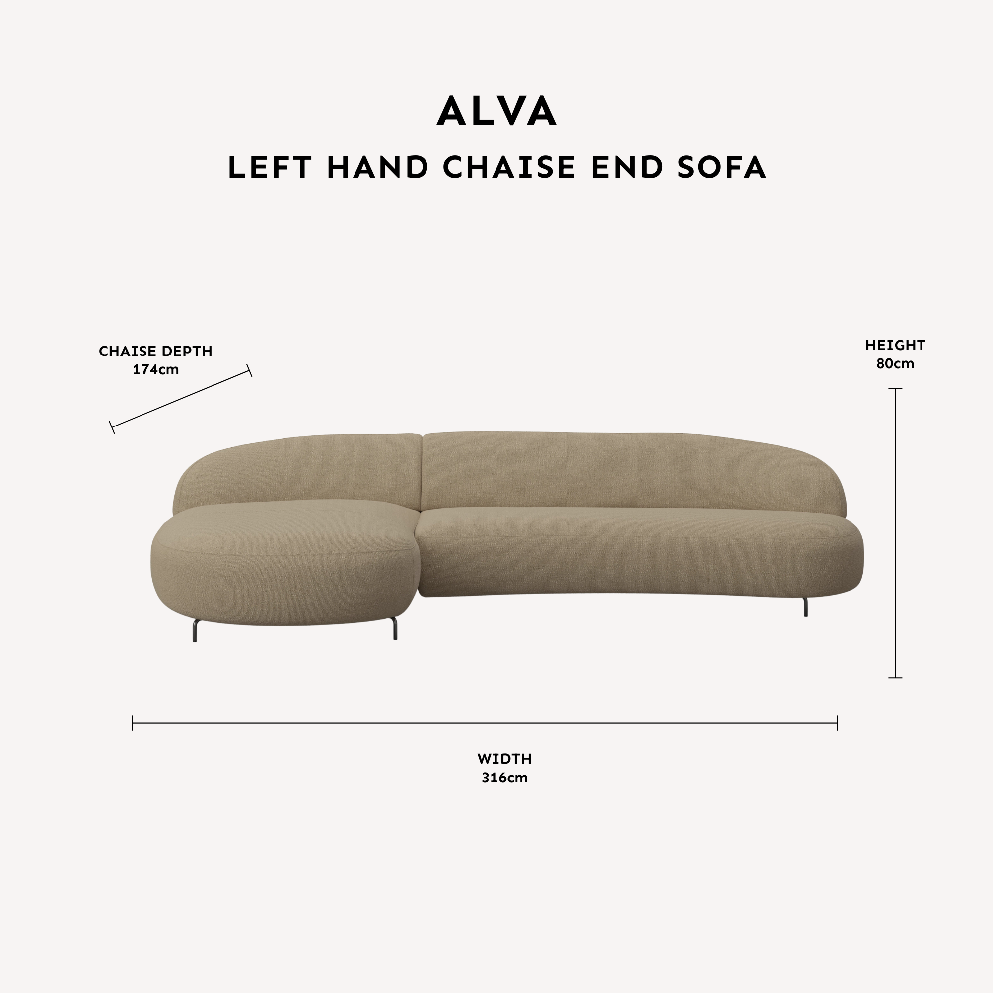 Alva Taupe Left Hand Facing Chaise End Sofa dimensions