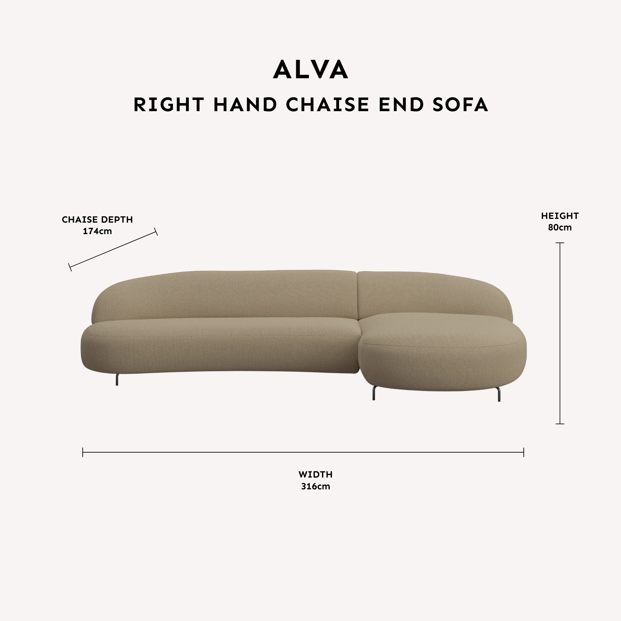 Alva Taupe Right Hand Facing Chaise End Sofa dimensions