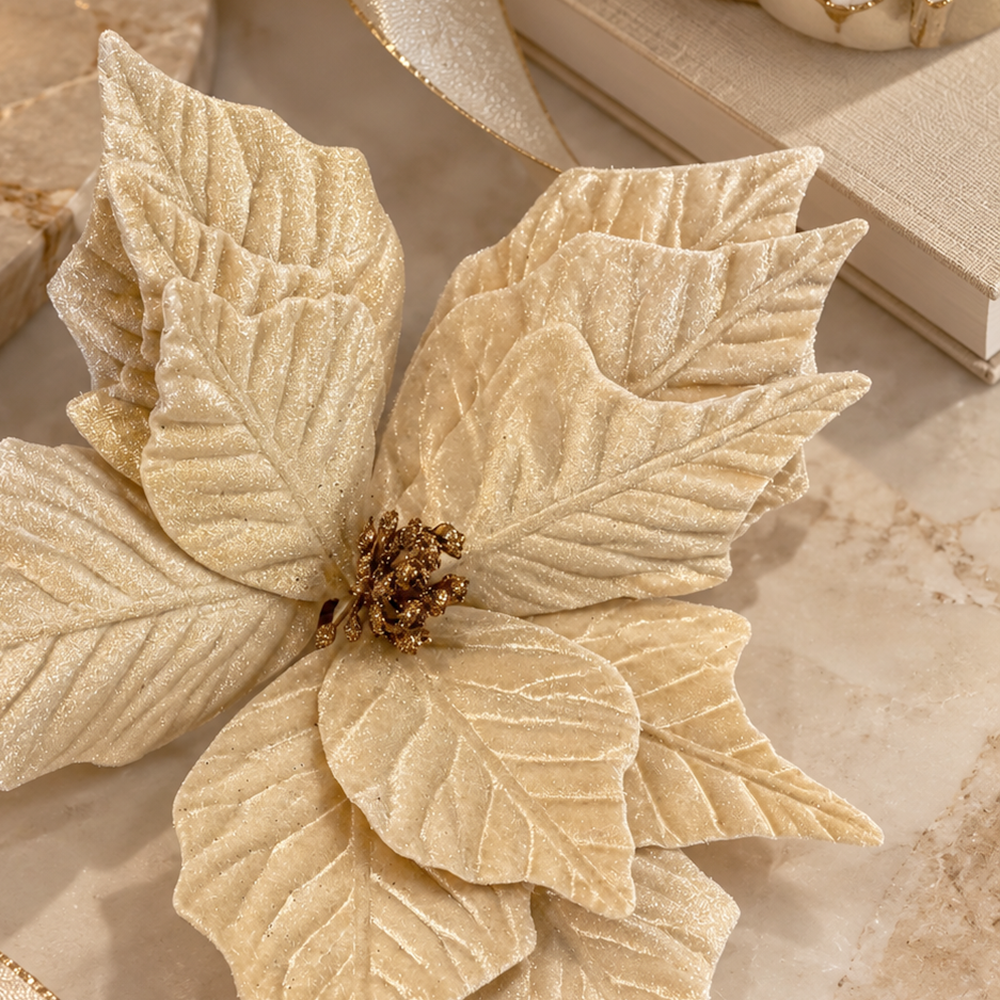 Faux Cream & Gold Poinsettia Single Stem Floral