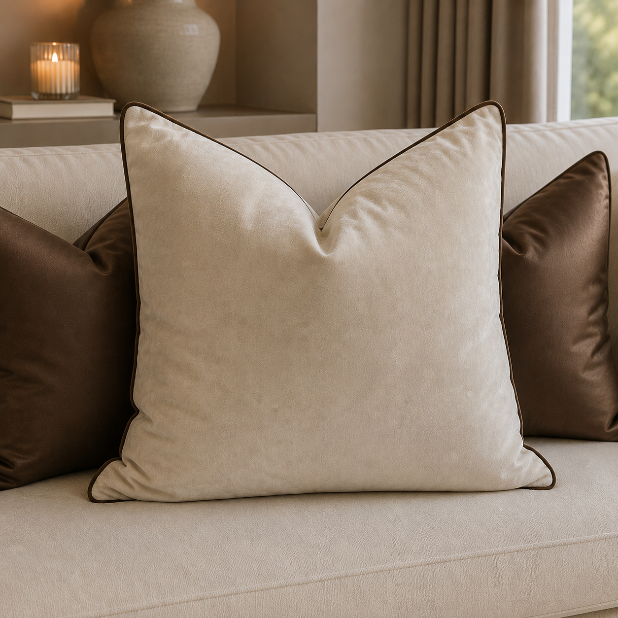Juniper Cream & Chocolate Velvet Feather Filled Cushion - 45x45cm