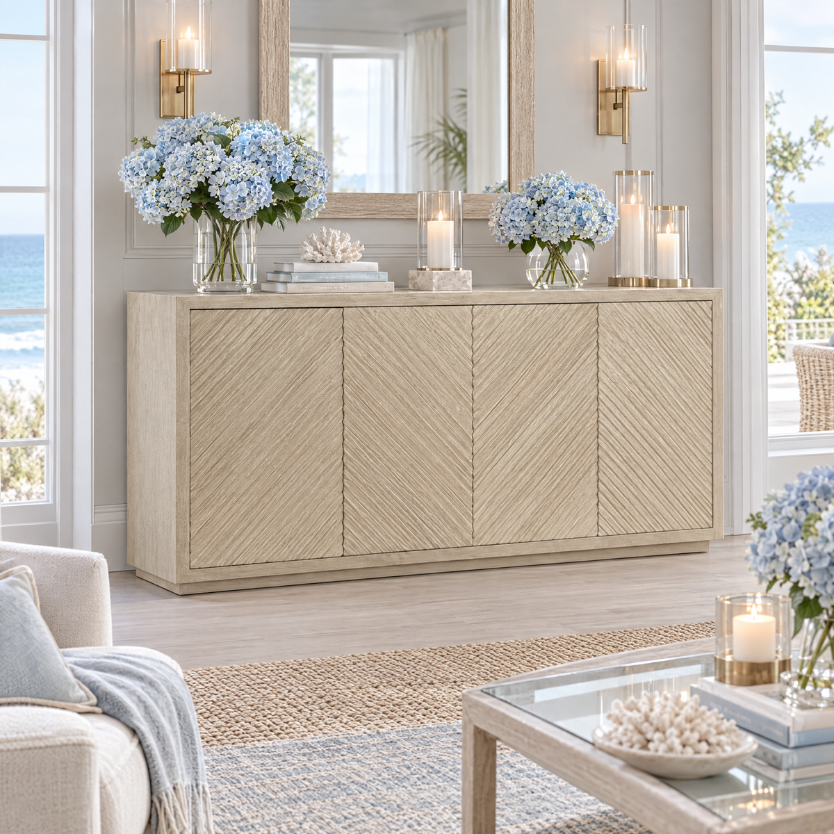 Cecily Luxury Washed Wood Herringbone 4 Door Sideboard