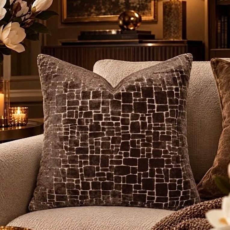 Rhea Brown & Cream Geometric Feather Filled Cushion - 43x43cm