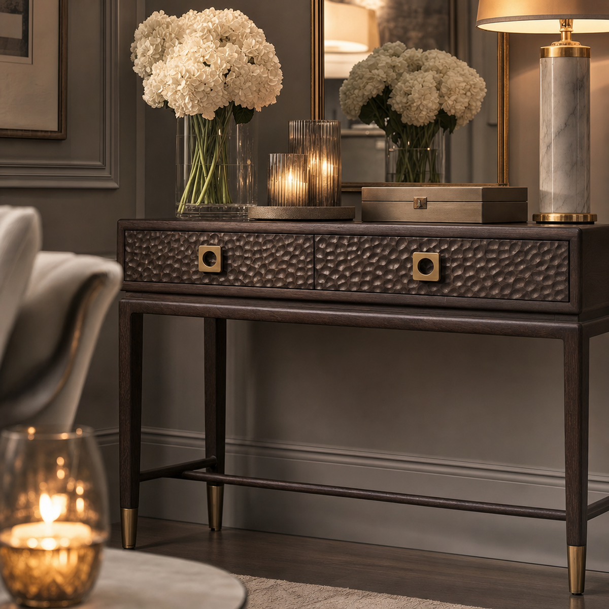 Osmund Dark Hammered Oak Effect 2 Drawer Console Table