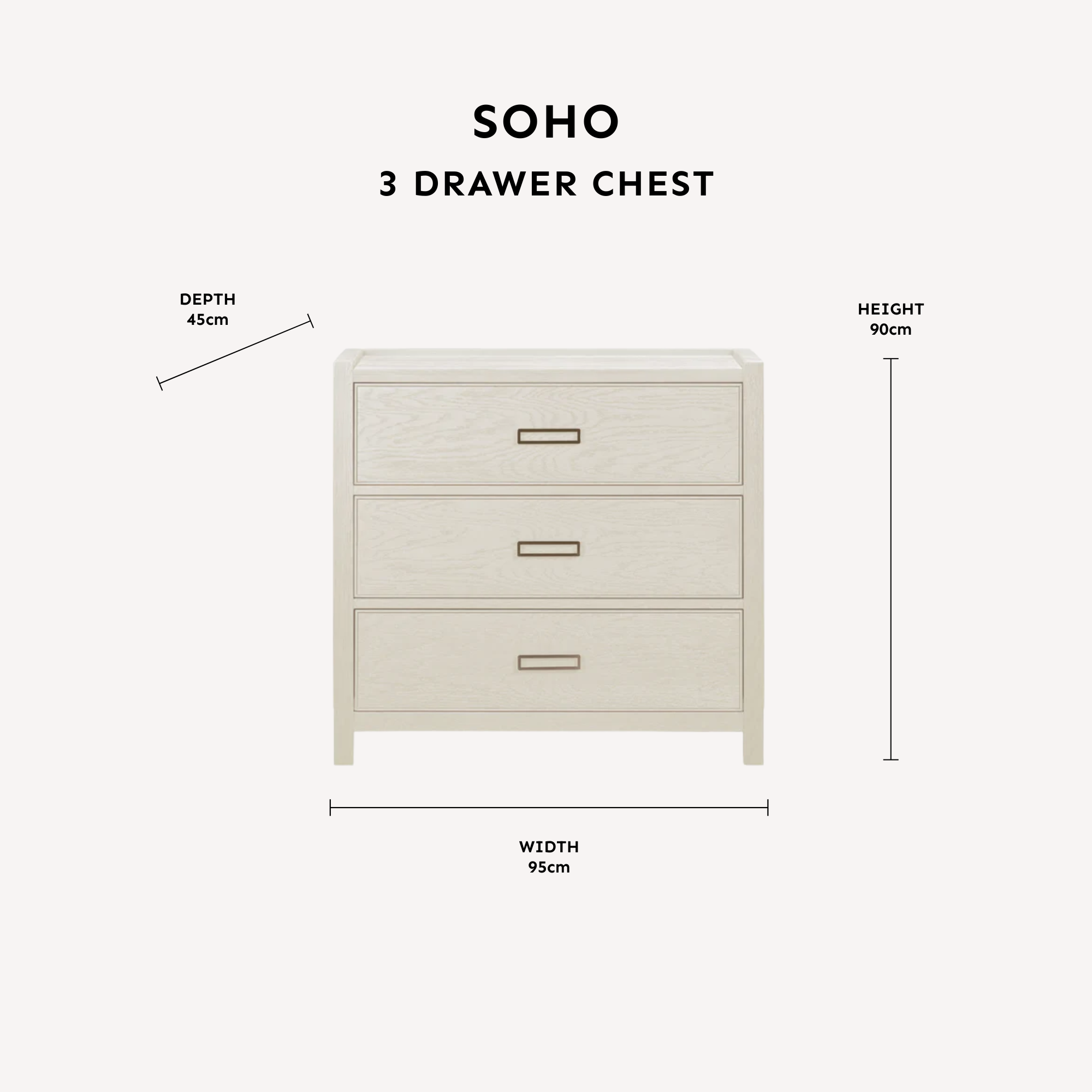 Soho Cream Oak Veneer 3 Drawer Chest dimensions