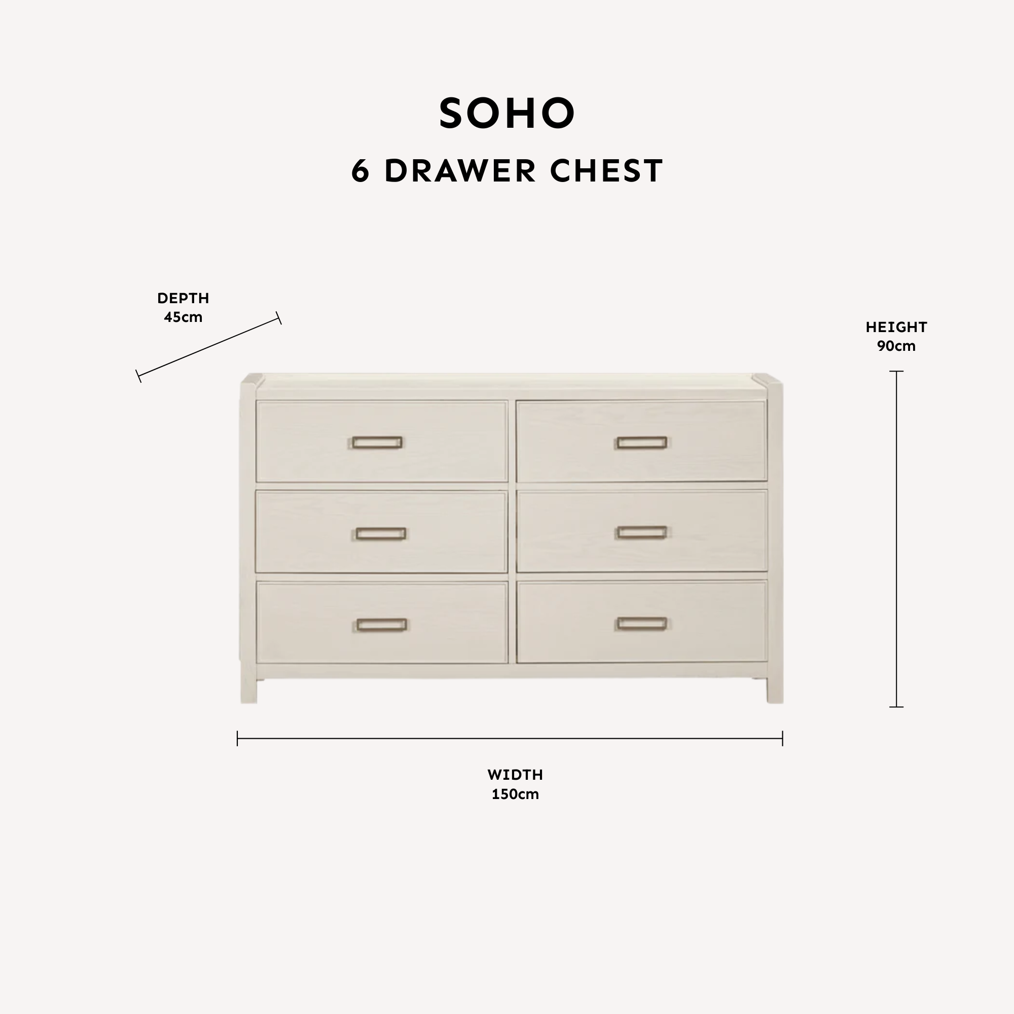 Soho Black Oak Veneer 6 Drawer Chest dimensions