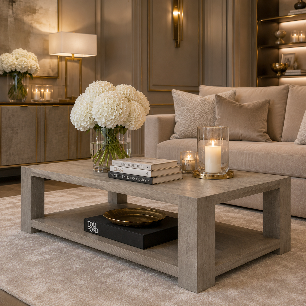 Hudson Greige Wooden Two Tier Rectangular Coffee Table