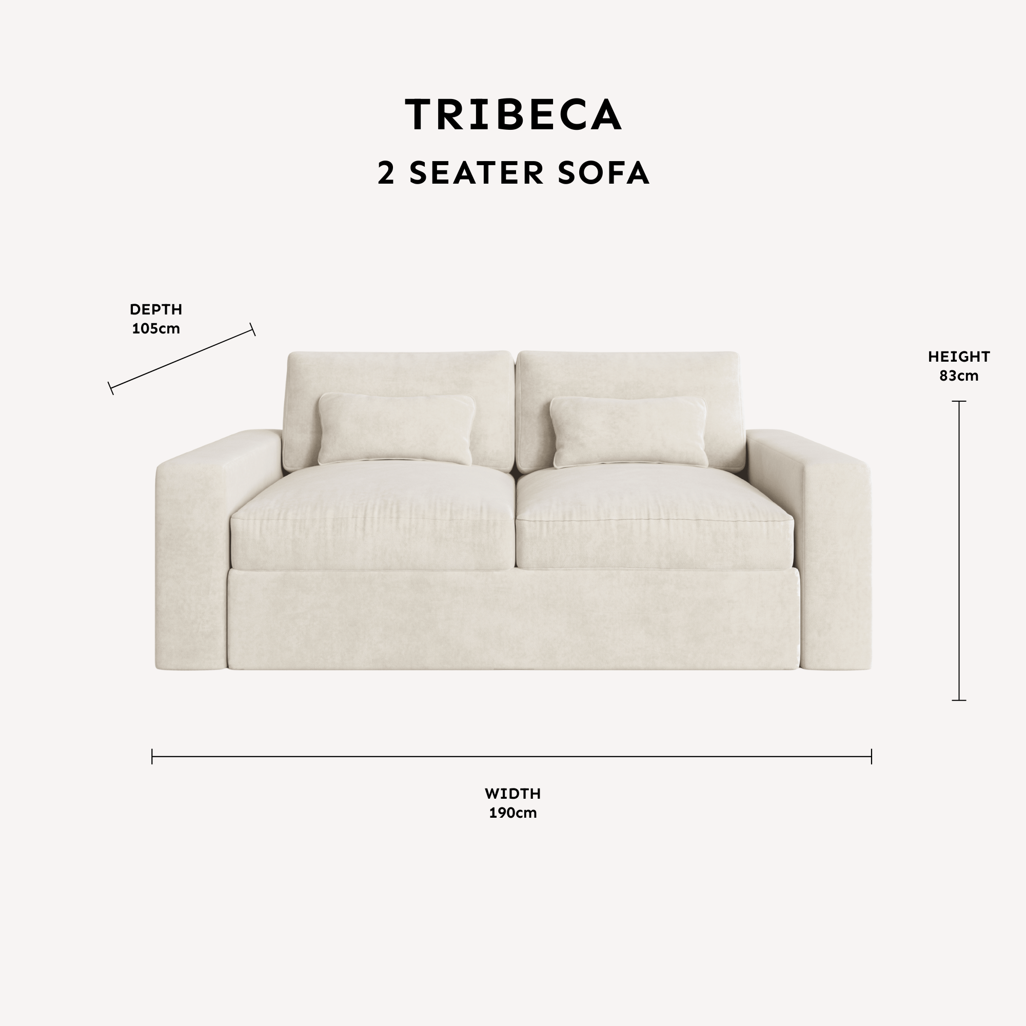 Tribeca Cream Velvet 2 Seater Sofa dimensions