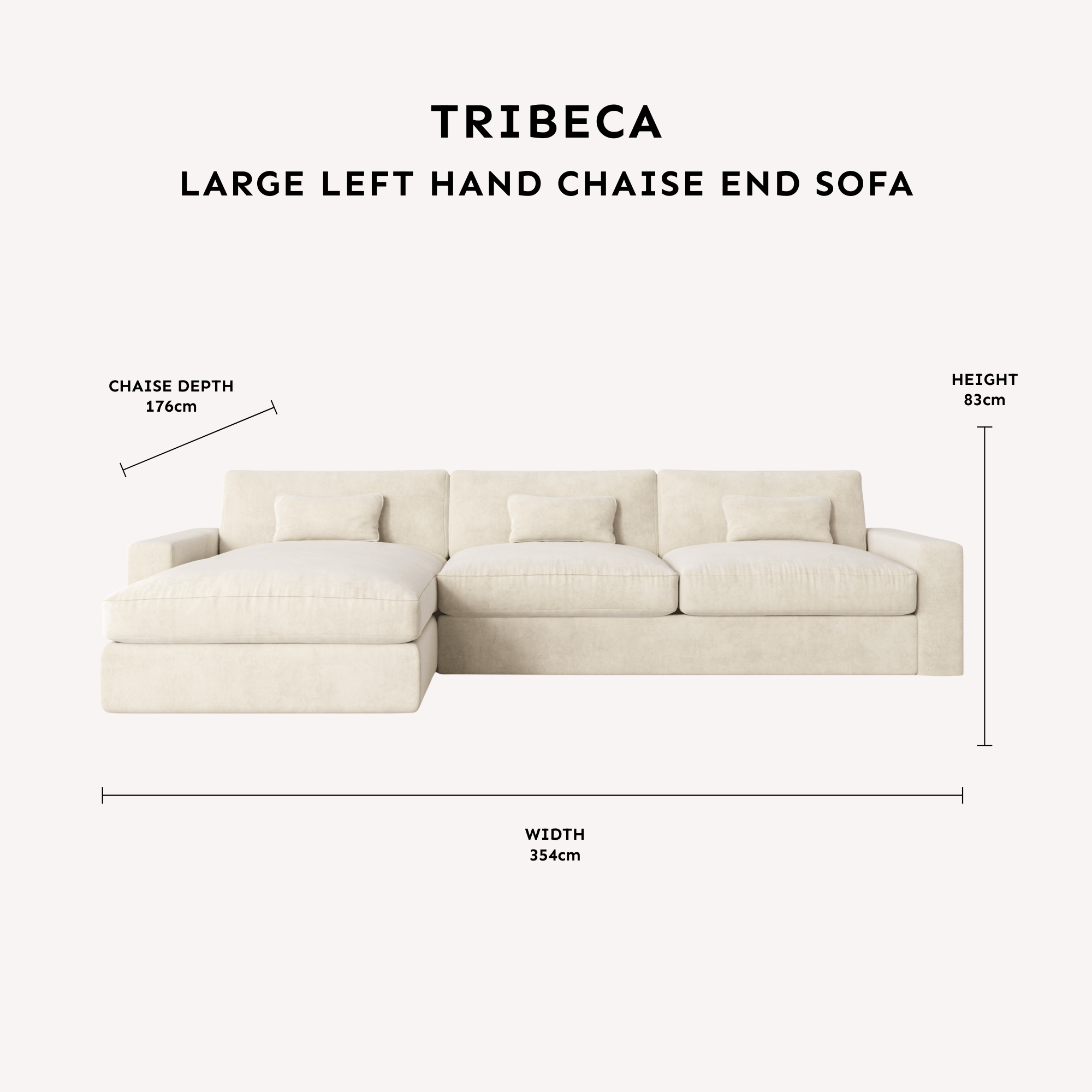 Tribeca Warm Grey Large Left Hand Facing Chaise End Sofa dimensions