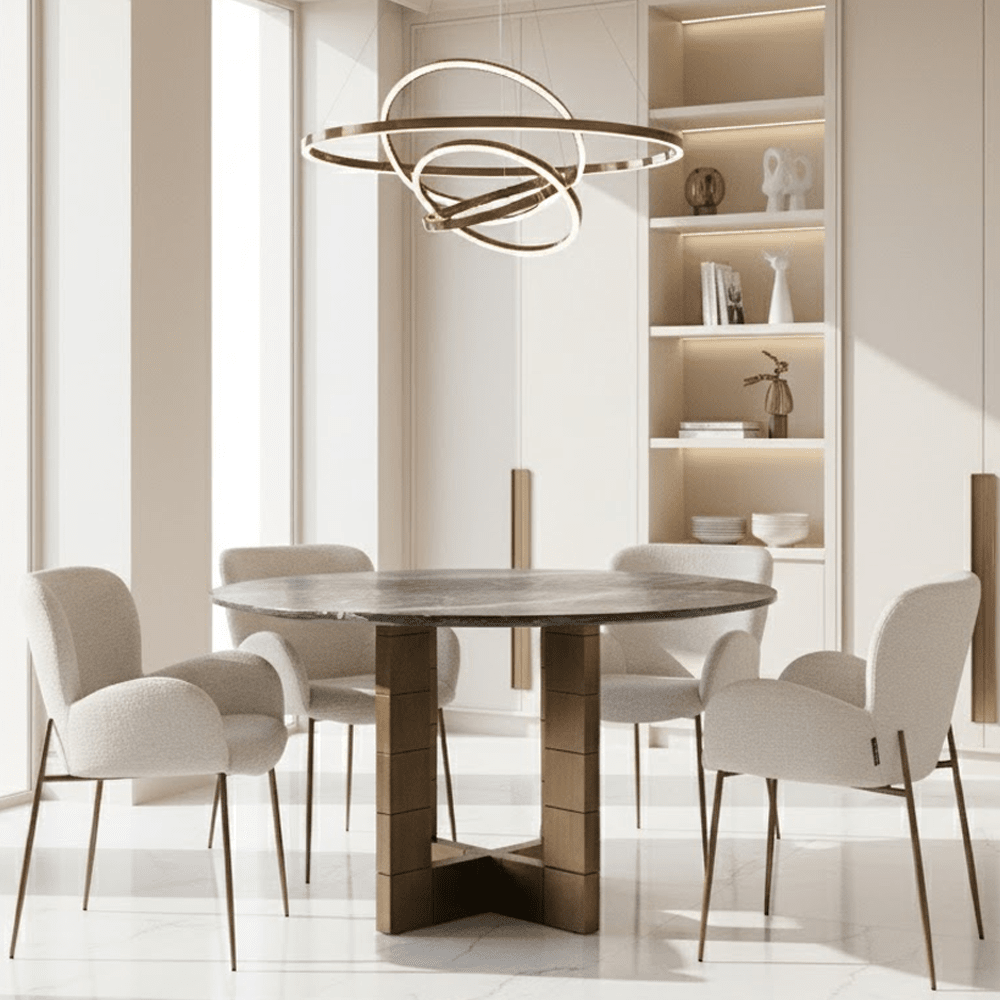 Abitha Luxury Brushed Gold Round Dining Table with Black Marble Top Furniture