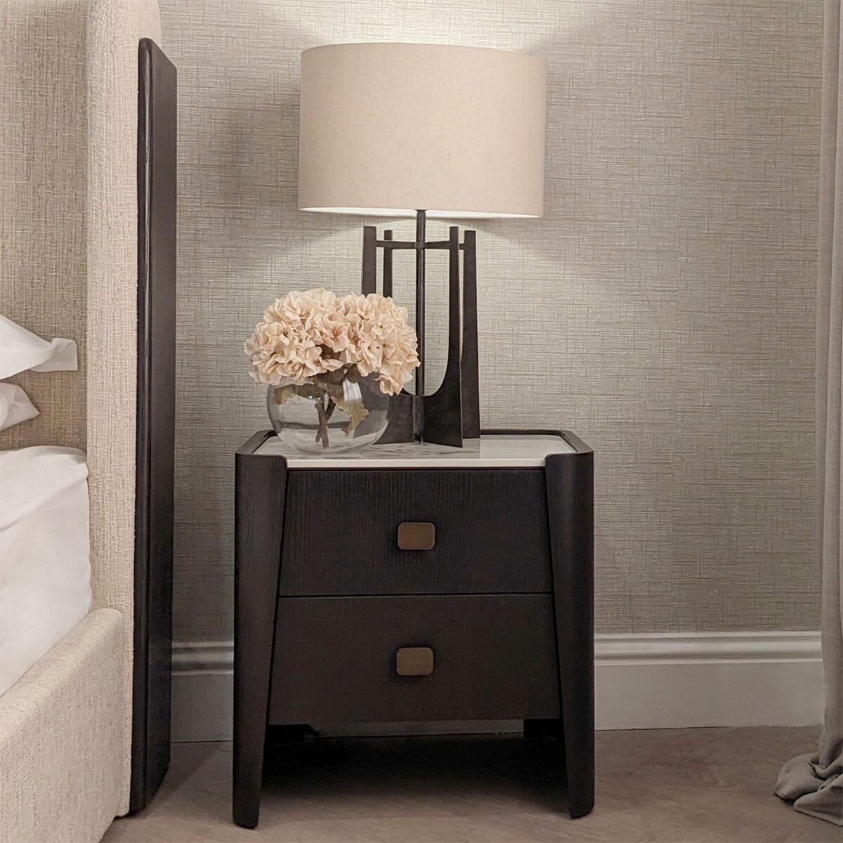 Adalynn Black Wooden 2 Drawer Bedside Table with Faux Marble Top Furniture