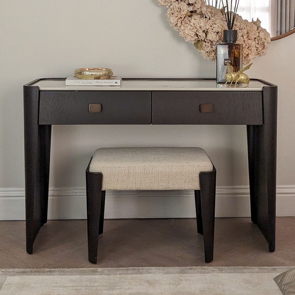 Adalynn Black Wooden 2 Drawer Dressing Table with Faux Marble Top Furniture