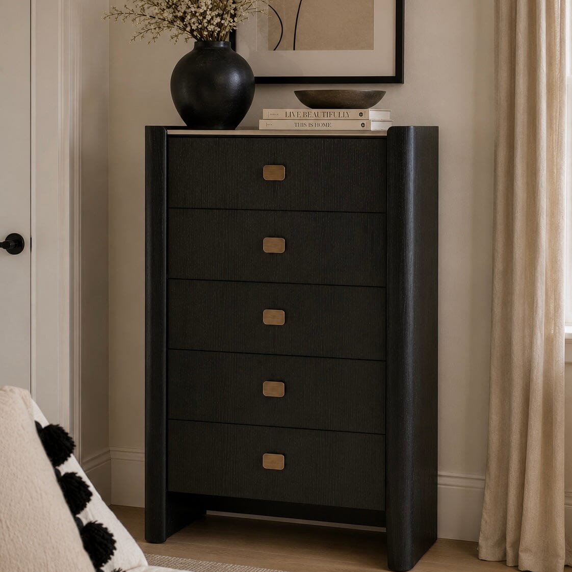 Adalynn Deep Brown Wooden 5 Drawer Chest with Faux Marble Top Furniture