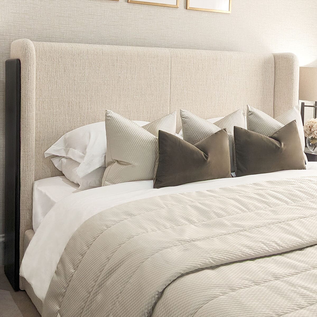 Adalynn Natural Textured Fabric Bed with Black Wooden Detail Beds and Headboards