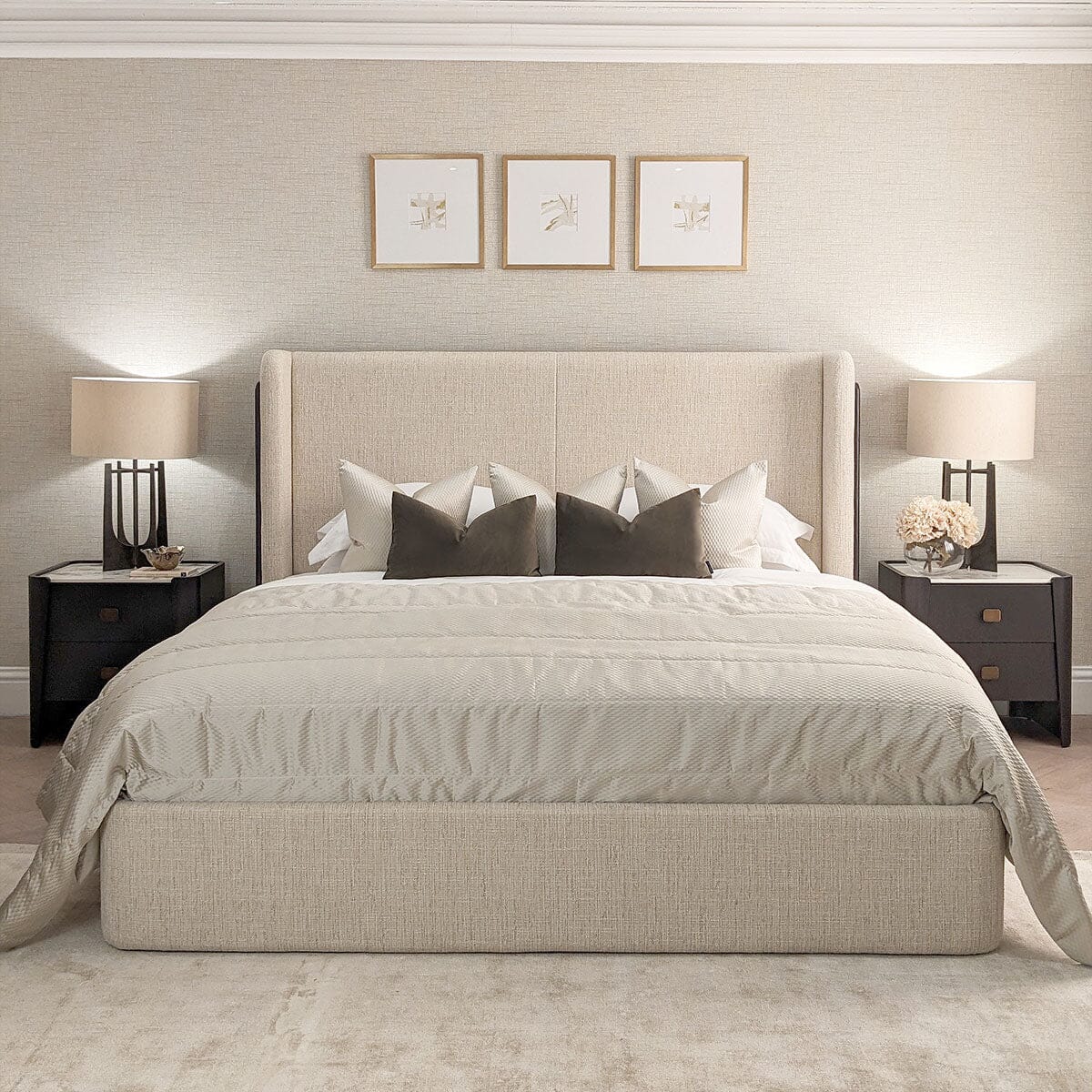 Adalynn Natural Textured Fabric Bed with Black Wooden Detail Beds and Headboards