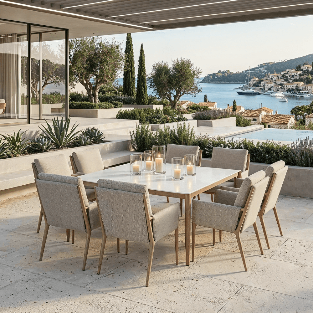 Adria Almond Upholstered Outdoor Dining Set- Seats 8 Outdoor