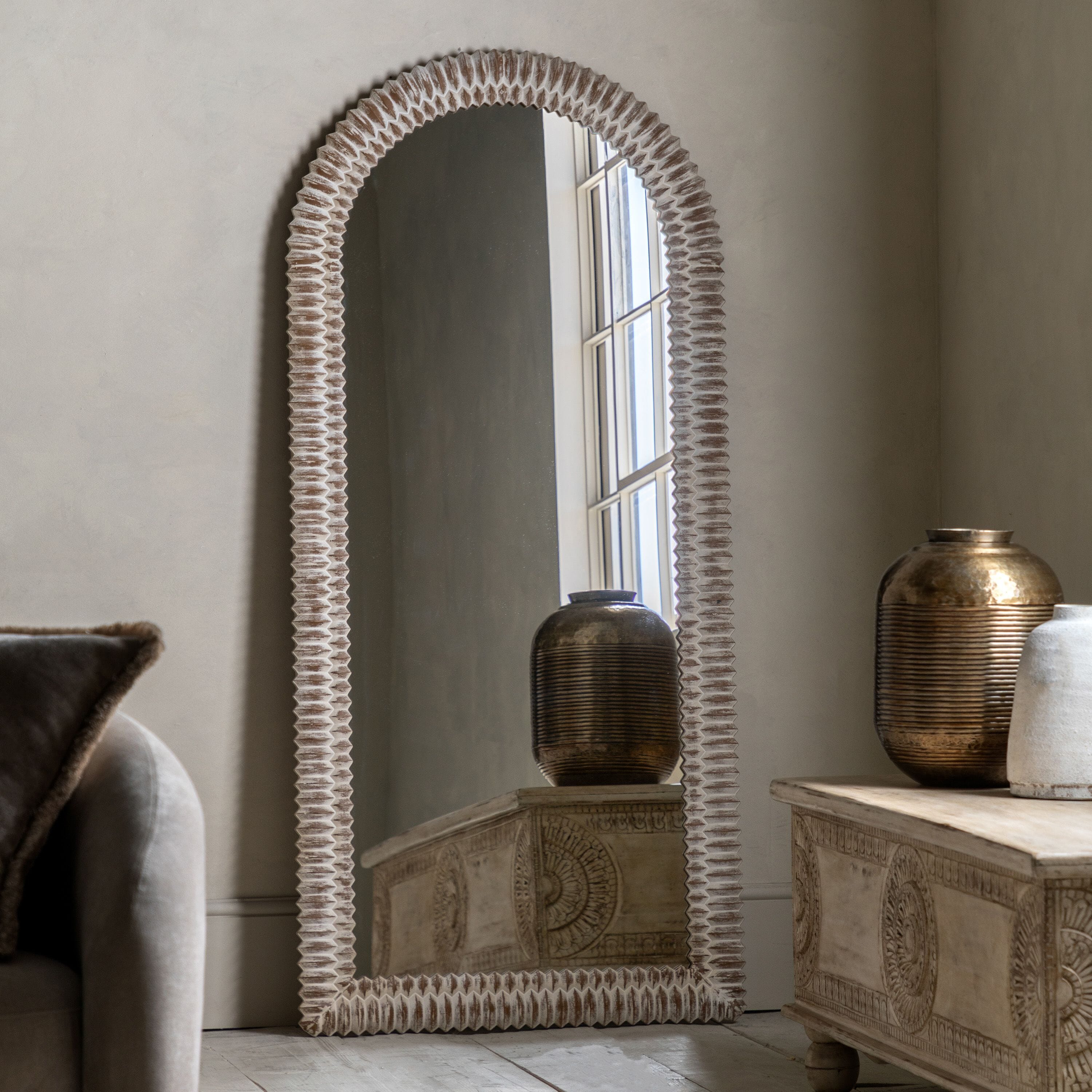 Agara Arched Leaner White Wash Distressed Textured Mirror Accessories