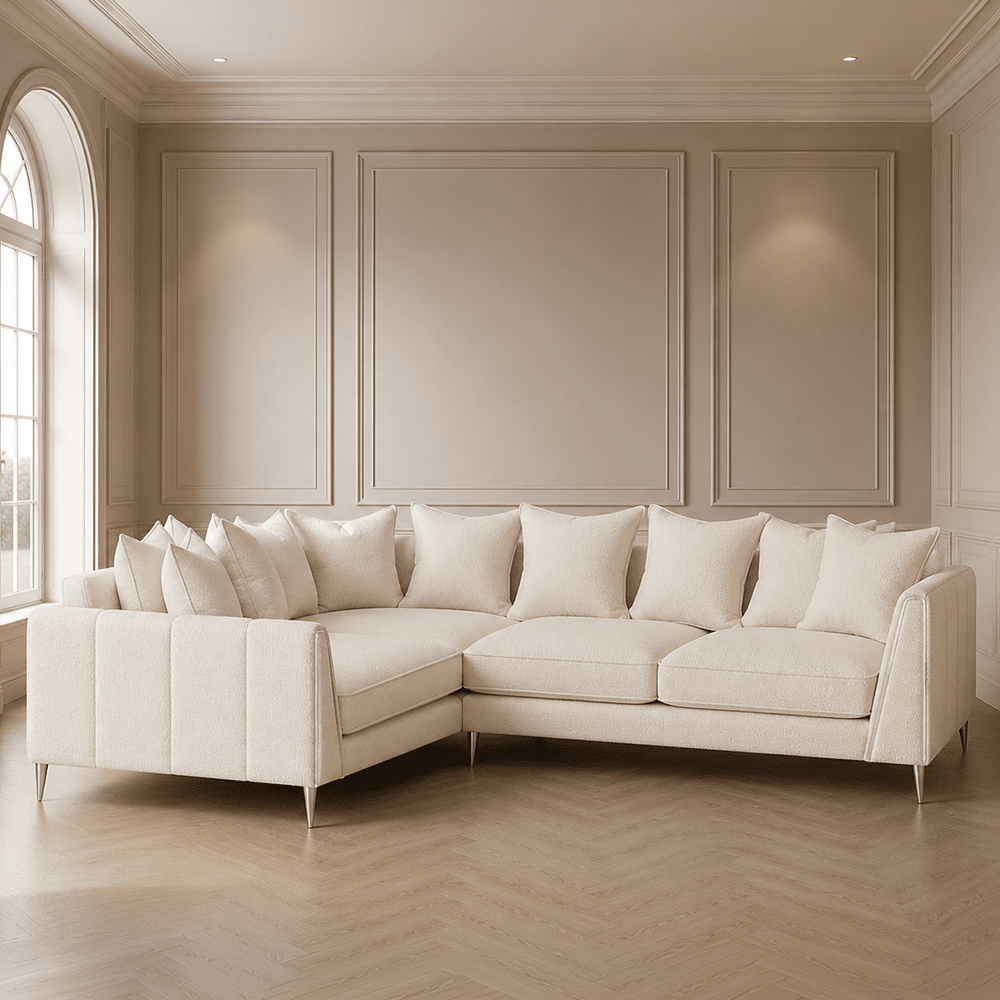 Alaina Cloud Bouclé Scatter Back Left Hand Facing Corner Sofa with Silver Legs Sofa