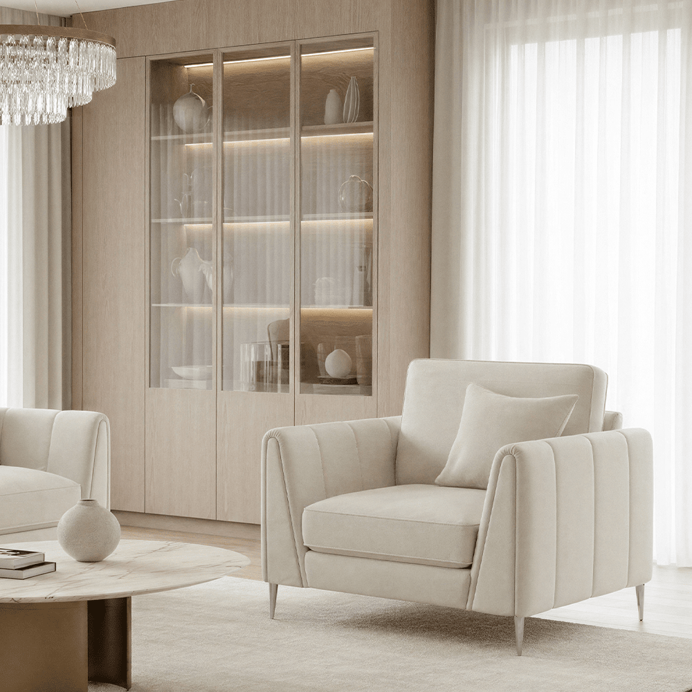 Alaina Cream Velvet Armchair with Silver Legs Sofa