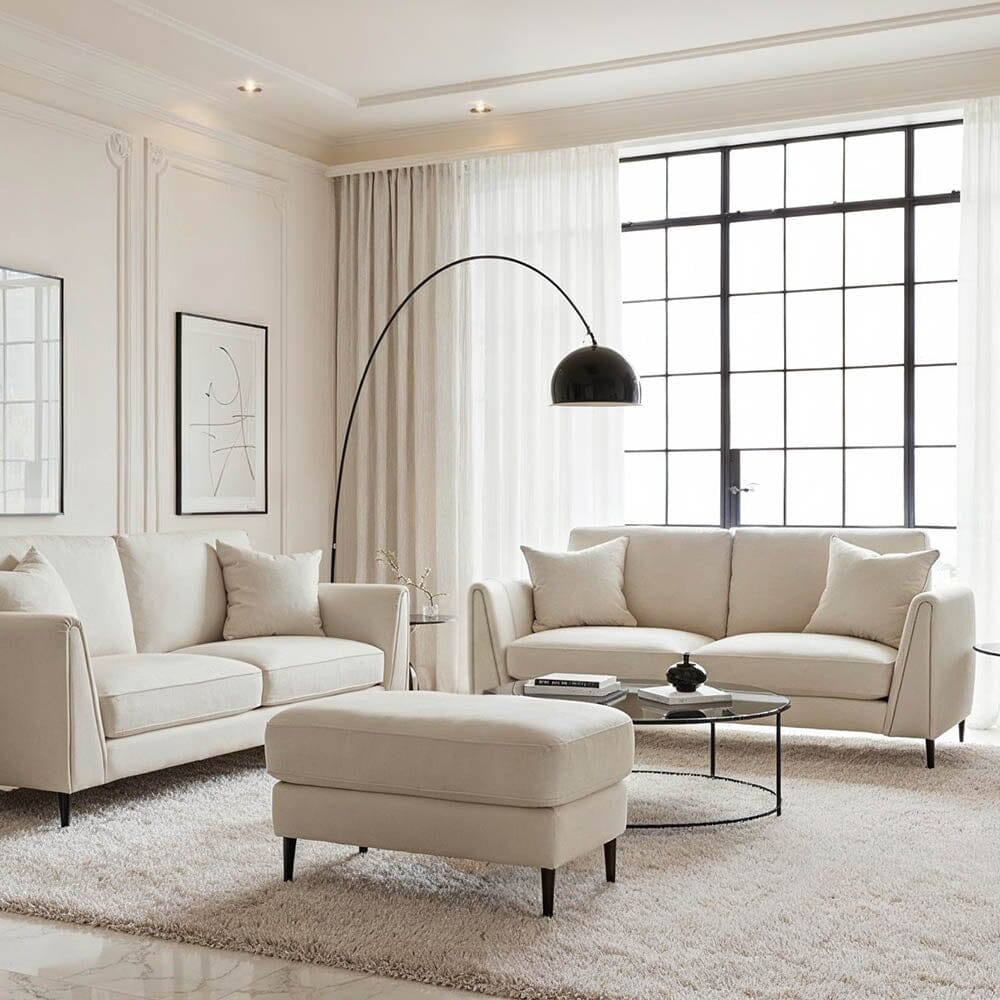 Alaina Cream Velvet Footstool with Black Legs Sofa