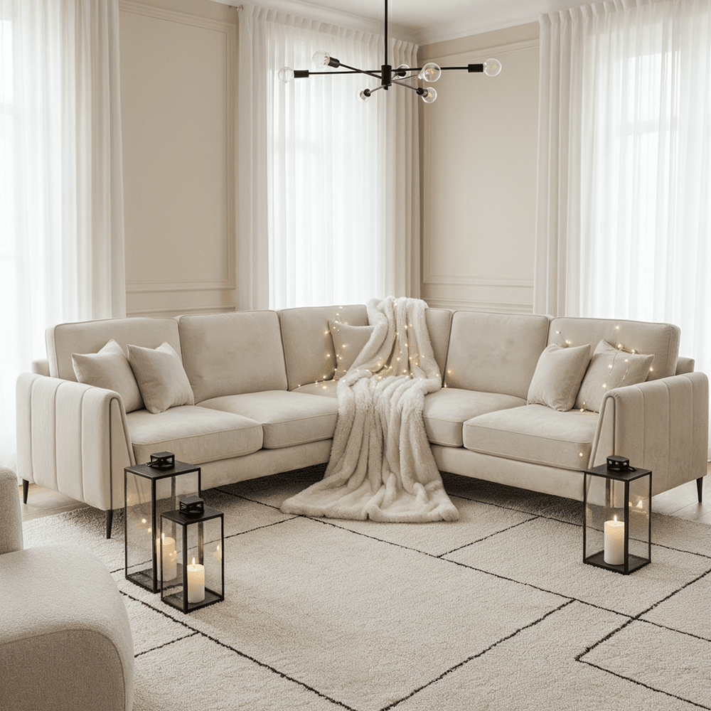 Alaina Cream Velvet Large Corner Sofa with Black Legs Sofa