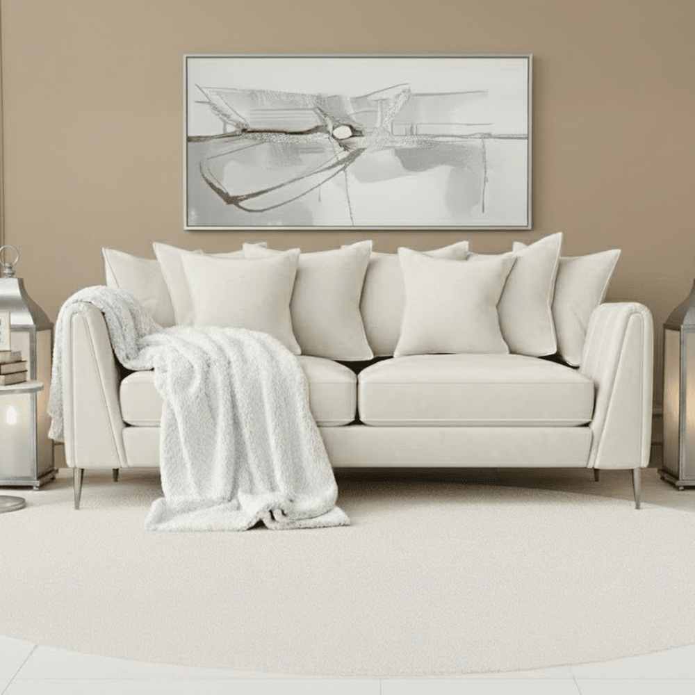 Alaina Cream Velvet Scatter Back 3 Seater Sofa with Silver Legs Sofa