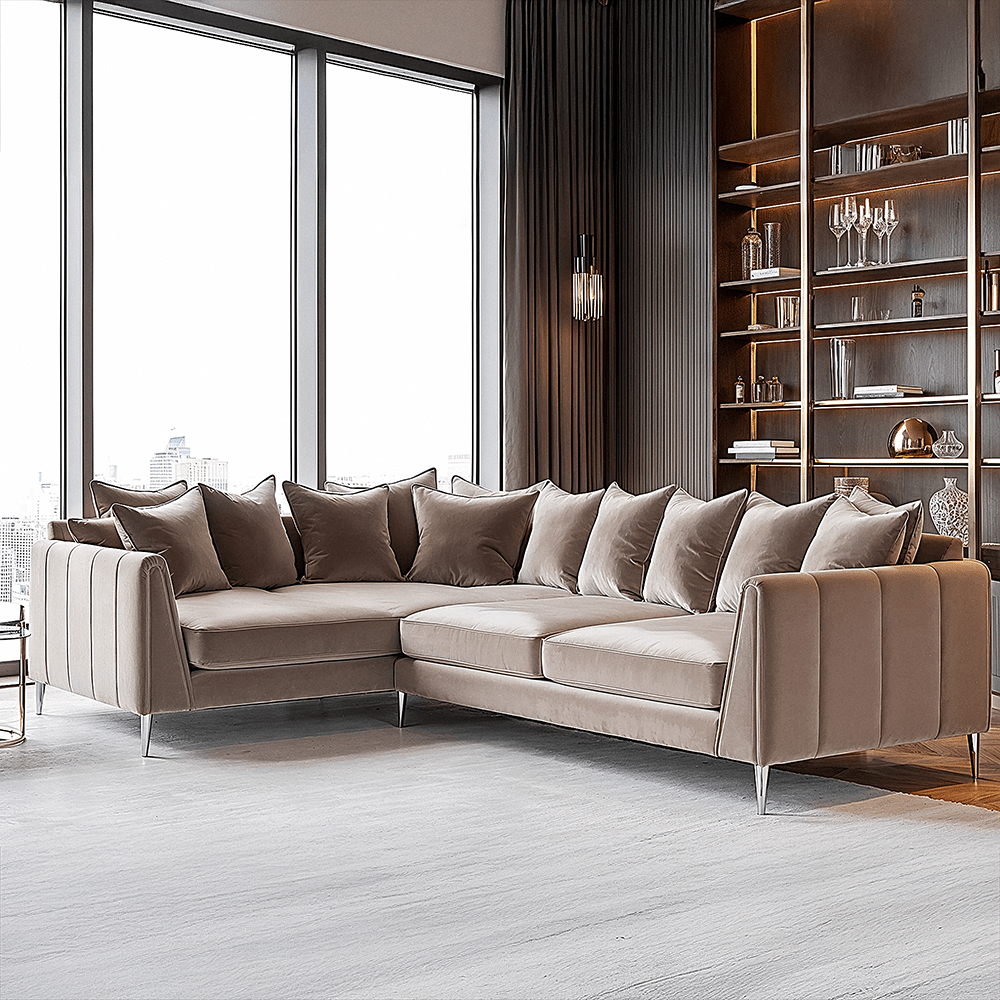 Alaina Mink Velvet Scatter Back Left Hand Facing Corner Sofa with Silver Legs Sofa