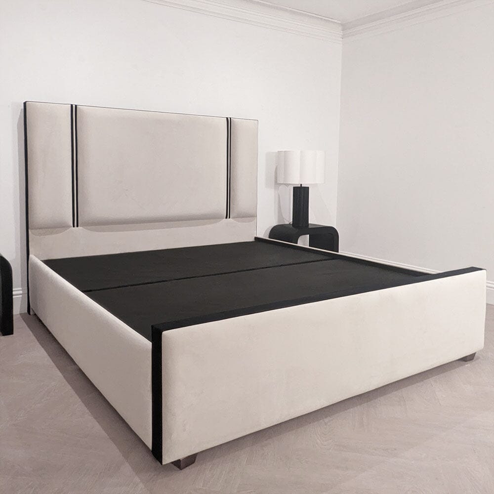 Alessi Vanilla Velvet Luxury Bed with Contrast Black Piping MTO Beds and Headboards