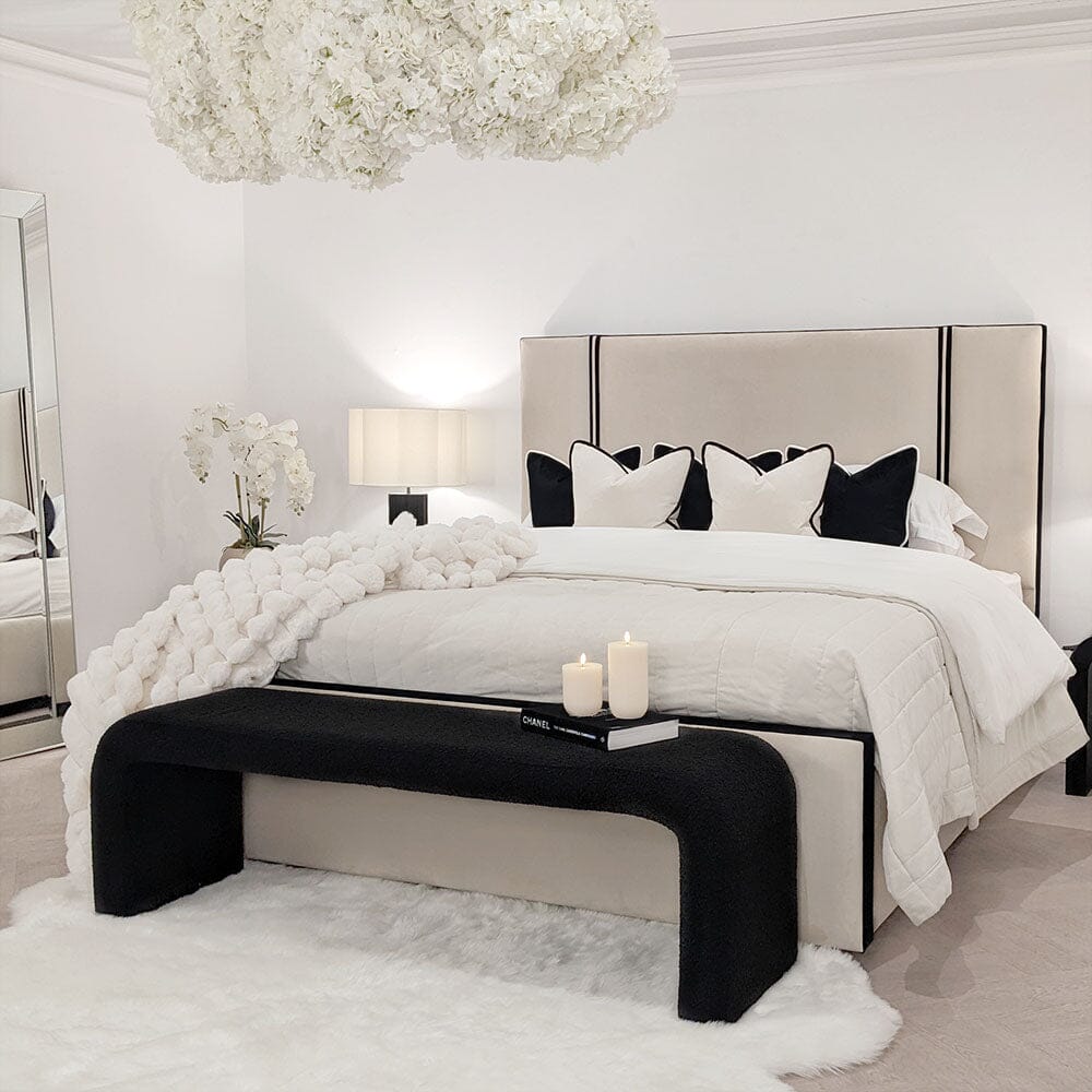 Alessi Vanilla Velvet Luxury Bed with Contrast Black Piping MTO Beds and Headboards