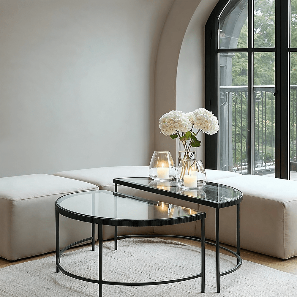 Alexis Bevelled Glass & Black Half Moon Coffee Tables - Set of 2 Furniture