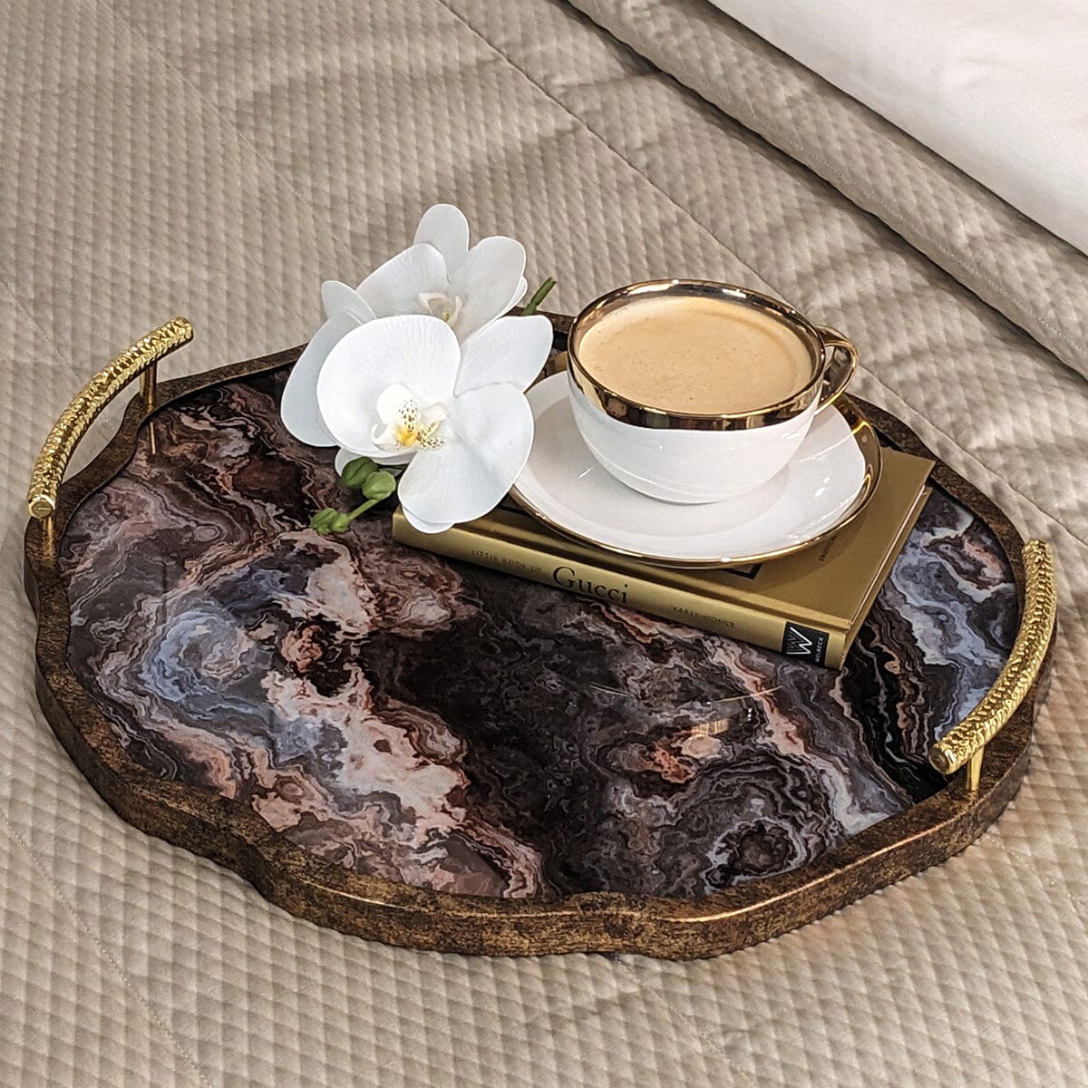 Amaretti Marble Effect Abstract Tray with Gold Handles