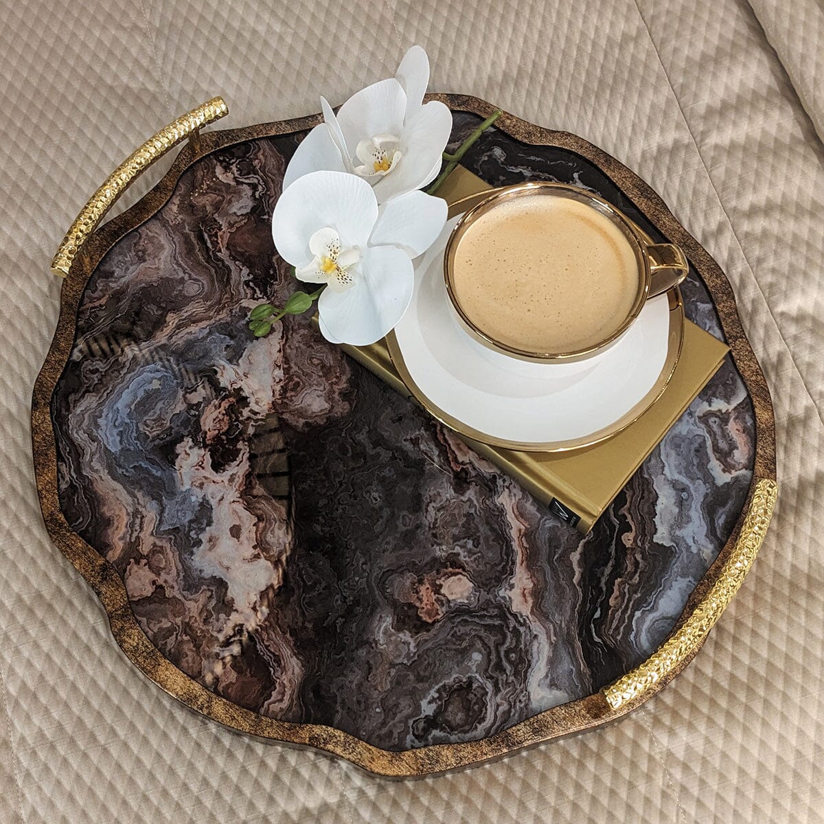 Amaretti Marble Effect Abstract Tray with Gold Handles Accessories