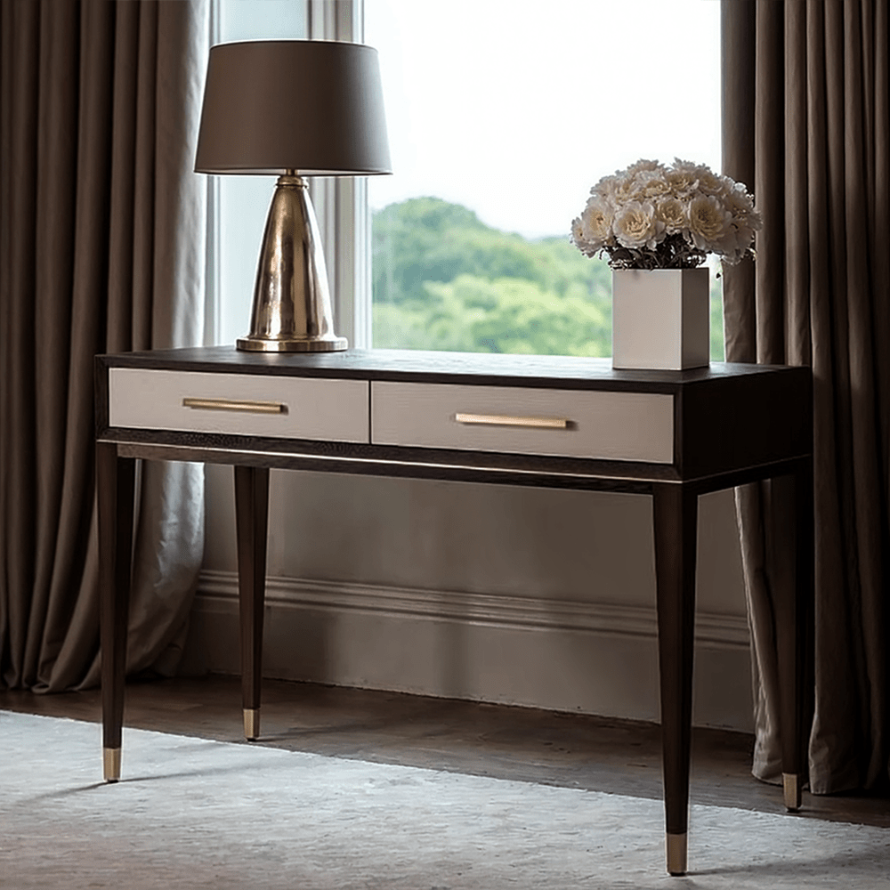 Amora Dark Wood 2 Drawer Dressing Table with Brass Details Furniture