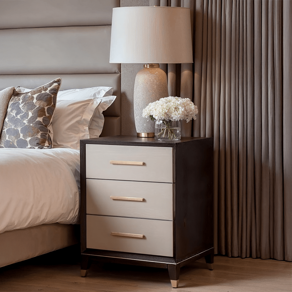 Amora Dark Wood 3 Drawer Bedside Table with Brass Details Furniture