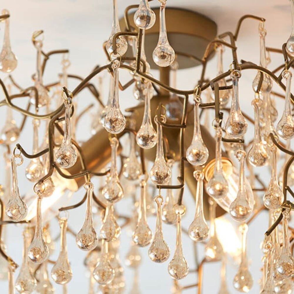 Anais Gold Branch Flush Ceiling Light with Glass Droplets Lighting