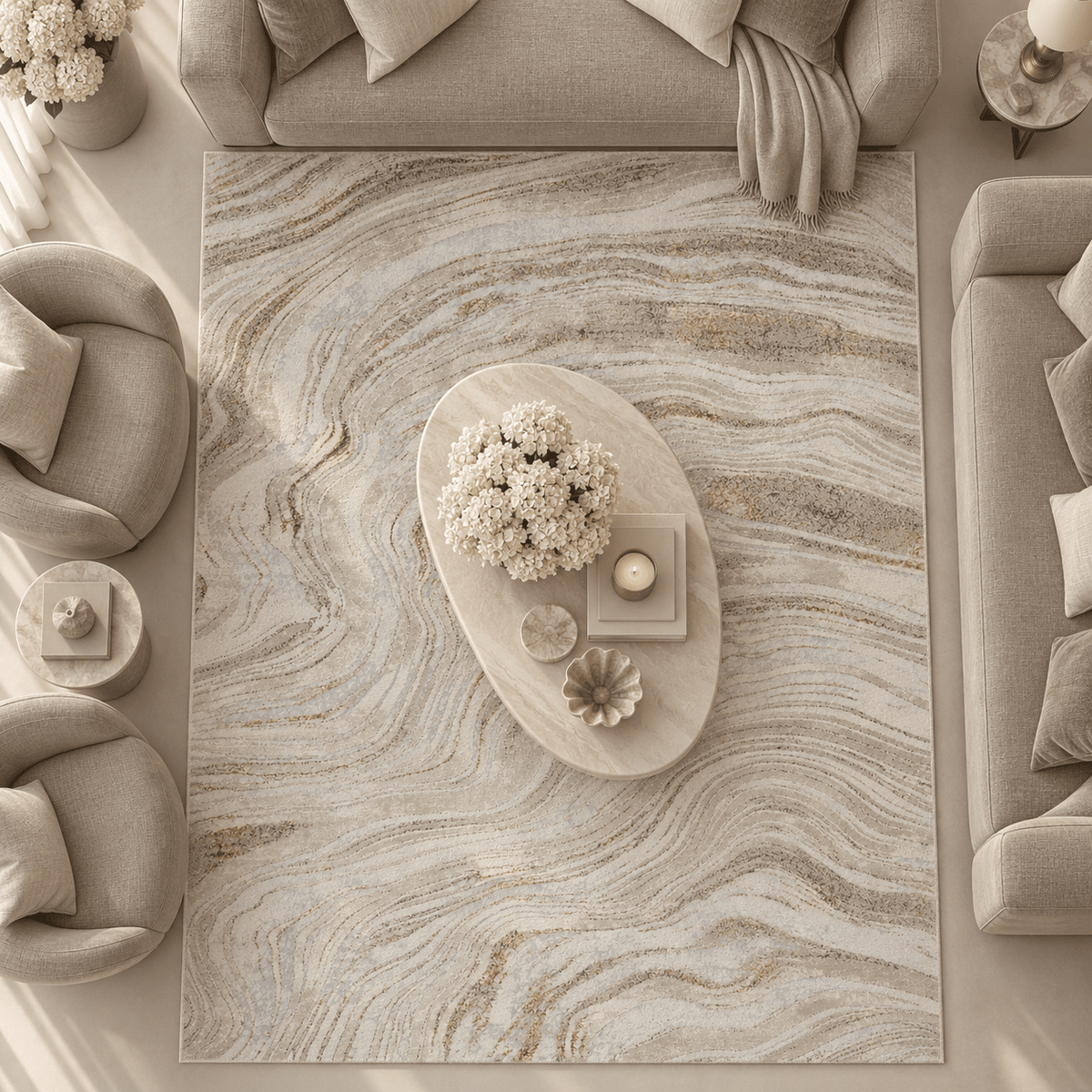 Anthea Beige & Cream Swirl Effect Abstract Rug Textiles