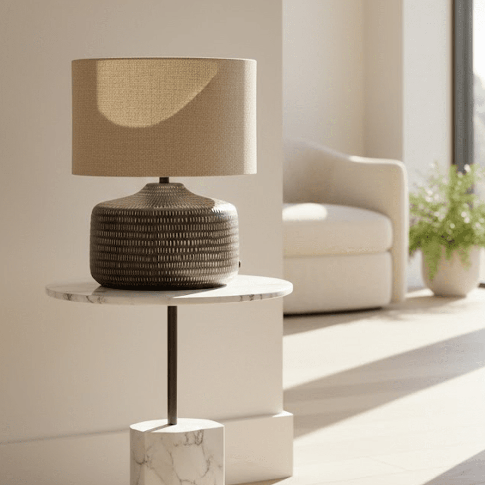 Aris Brown Textured Ceramic Table Lamp with Linen Shade Lighting