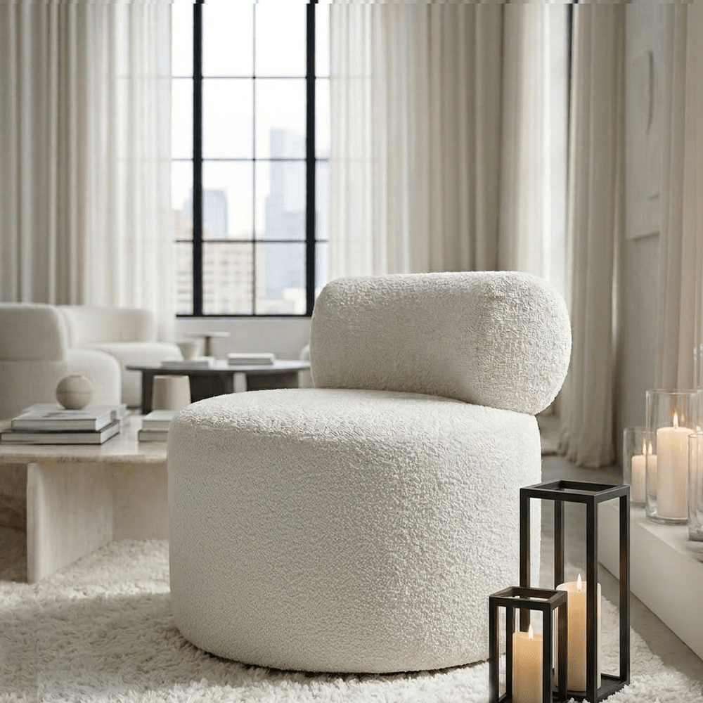Arles White Boucle Round Accent Chair Furniture
