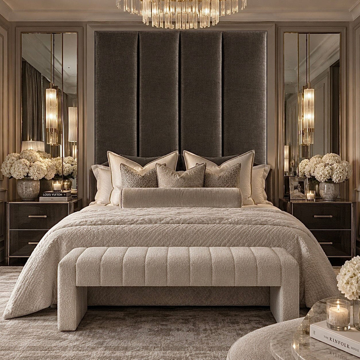 Arlington Headboard Soft Chenille Espresso with Mid-Taupe Frame Beds and Headboards