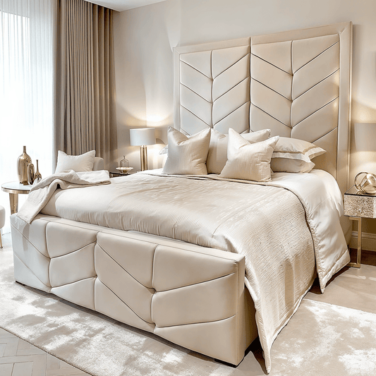 Ashton Vanilla Velvet Premium Chevron Ottoman Storage Bed Beds and Headboards