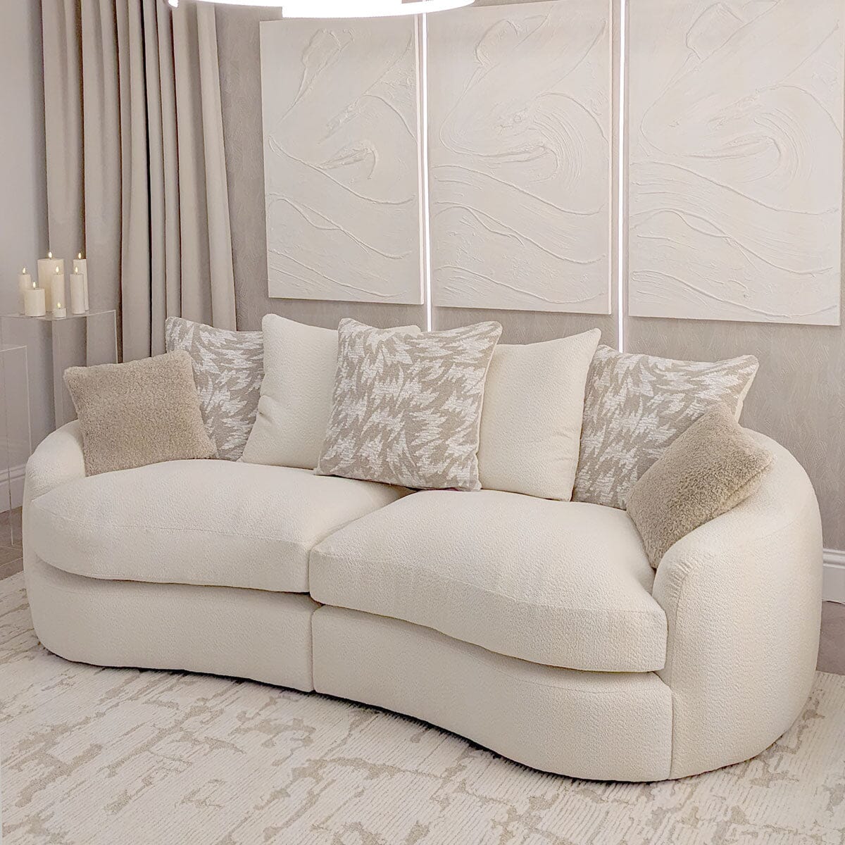 Aurelia Cream Boucle Curved Pillowback 4 Seater Sofa with Patterned Cu Rowen Homes