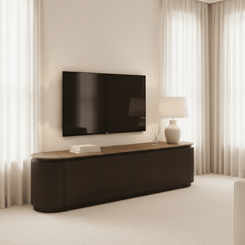 Aya Brown Ribbed Media Unit with Travertine Top Furniture