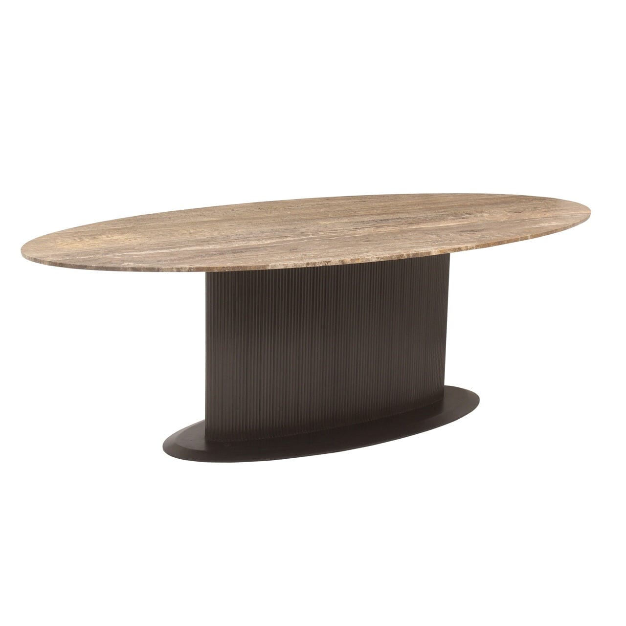 Aya Brown Ribbed Oval Dining Table with Travertine Top Furniture