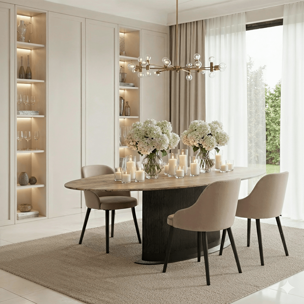 Aya Brown Ribbed Oval Dining Table with Travertine Top Furniture
